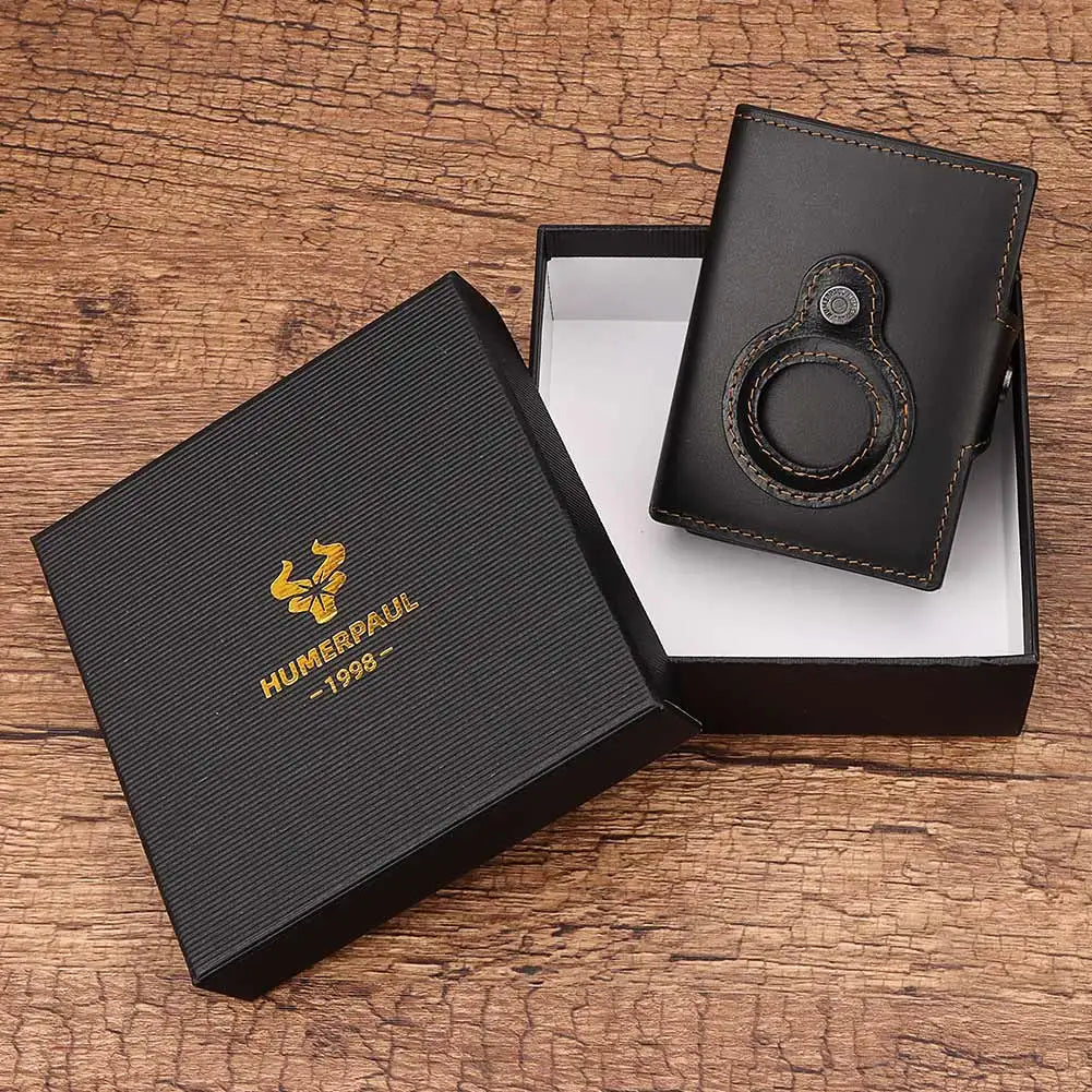 Cowhide Leather Men's Wallet RFID Blocking Protect Cardholder Automatic Card Case for Women with Apple AirTag Holder