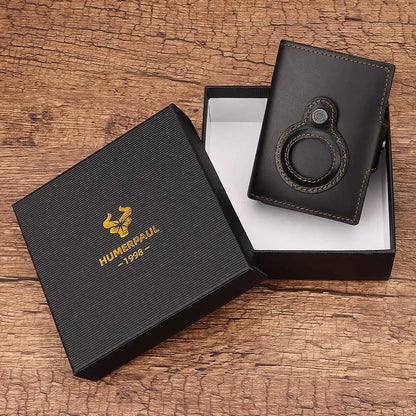 Cowhide Leather Men's Wallet RFID Blocking Protect Cardholder Automatic Card Case for Women with Apple AirTag Holder