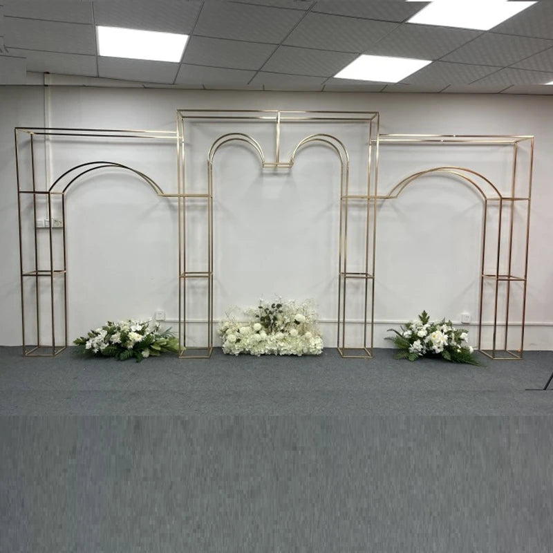Shiny Gold-Plated Square Screen Backdrop Shelf, Wedding Arch, Geometric Flower, Door Stand, Artificial Flor, 2.2m, 3Pcs