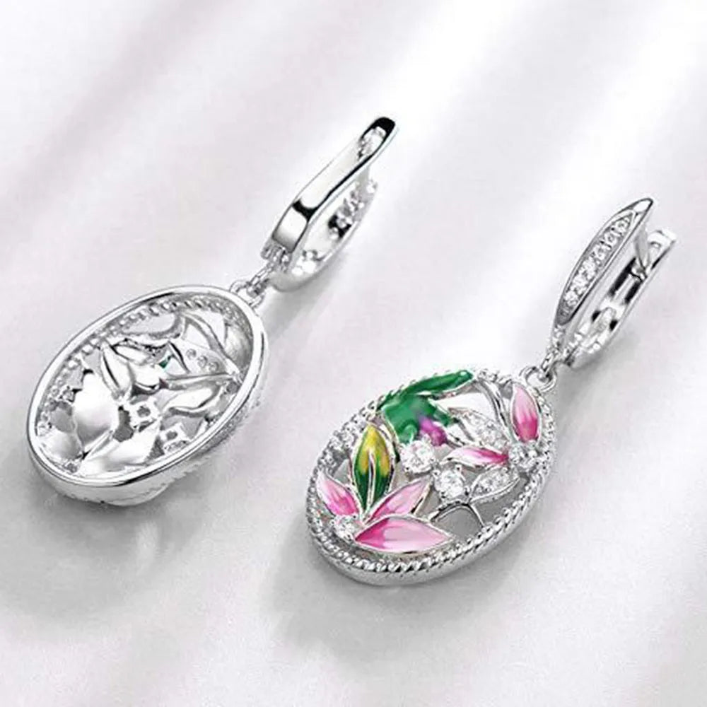 Huitan Creative Design Pink Flowers Enamel Earrings for Women Silver Color Luxury Crystal CZ Green Leaf Earrings Fashion Jewelry