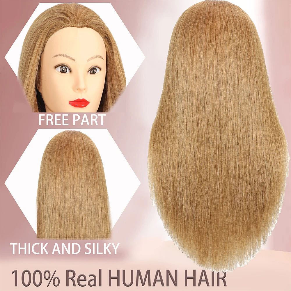 Female Mannequin Head with 22"100%Real Hair Cosmetology Manikin Head Hairdressing Practice Cutting Styling Training Doll Heads
