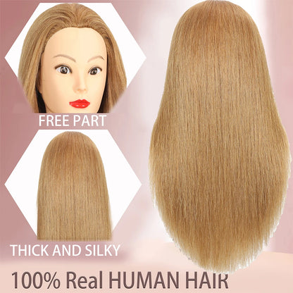 Female Mannequin Head with 22"100%Real Hair Cosmetology Manikin Head Hairdressing Practice Cutting Styling Training Doll Heads