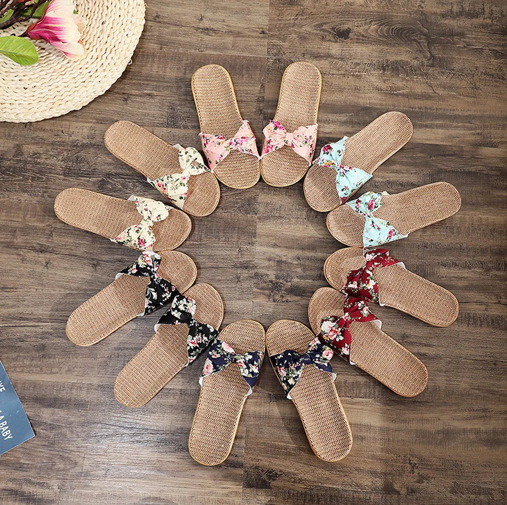 Sandalias Mujer 2024 Hot Women Female  Bowknot Flax Linen Flip Flops Beach Shoes Sandals Slipper SandáLias Femininas 여름샌들