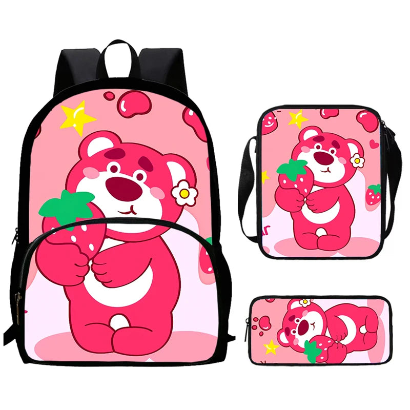 Child School Backpack with Front Pocket,Shoulder Bag,Pencil Bag for Aged 5-10,Cartoon Strawberry Bear School Bags for Boys Girls
