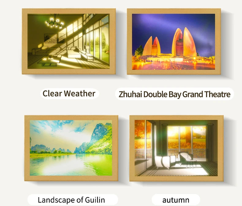 Beautiful LED Light Painting Indoor Sunlight Window Wooden Photo Light Dimming Wall Artwork Table Lamp Home Decor Night Lamp