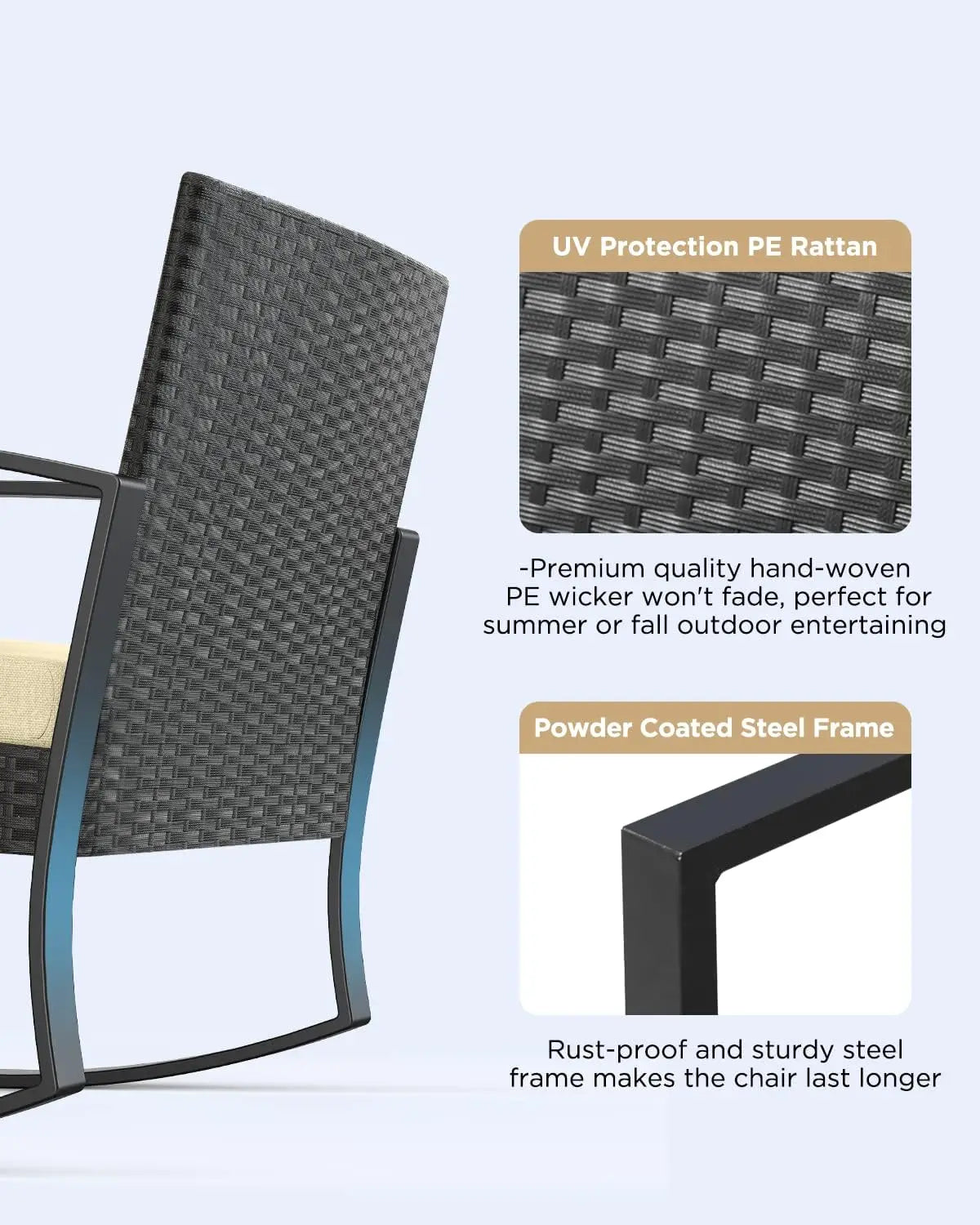 3 Pieces Patio Furniture Set Rocking Bistro Set Outdoor Rattan Conversation with Coffee Table for Garden Balcony Backyard