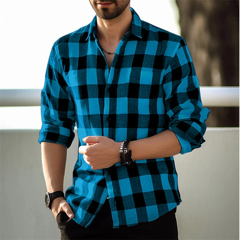 Fashion Style Black And White Plaid Shirt Men's Long-sleeve Shirt Summer New Button Lapel Shirt Street Loose Casual Top Clothing
