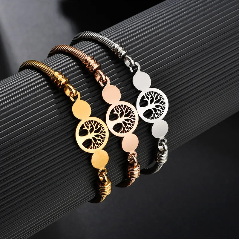 Religion Catholicism San Benito Rosary Bracelet Women Stainless steel Open Cuff Heart Life Tree Bracelet Christian Jewelry Gift