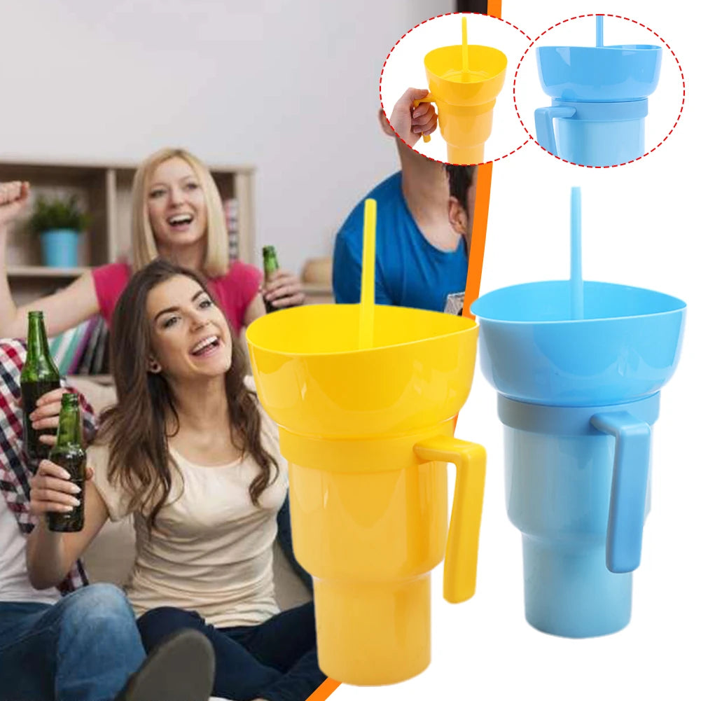1000ml Snack Bowl Drink Cup with Straw 2 In 1 Stadium Tumbler Splash Proof Leakproof Popcorn Beverage Cup for Cinema Travel