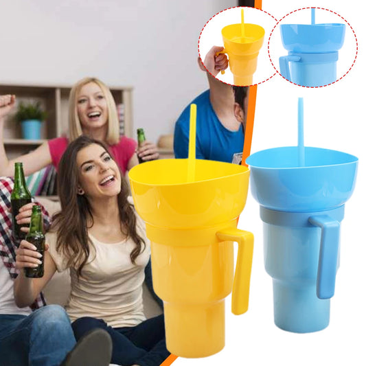 1000ml Snack Bowl Drink Cup with Straw 2 In 1 Stadium Tumbler Splash Proof Leakproof Popcorn Beverage Cup for Cinema Travel