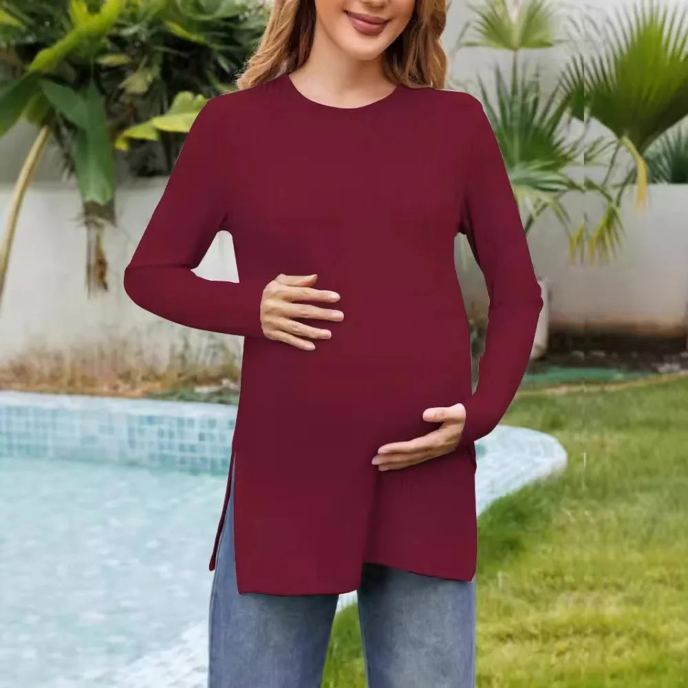 Spring New Maternity Clothes Round Neck Solid Color Slit Long Sleeve Base T-shirt Tops For Pregnant Women Maternity Wear