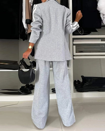Women's Fashion Suits Autumn Winter Latest 2025 Striped Side Sporty Tape Notched Collar Front Button Blazer Wide-Leg Pants  Set