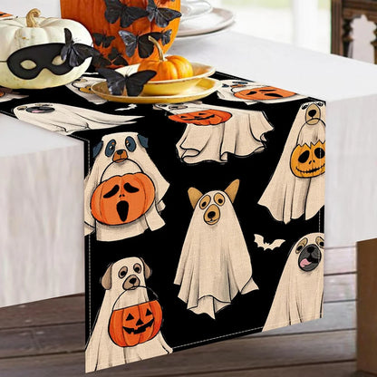 Ghost Dog Table Runner Halloween Lantern Pumpkin Bat Kitchen Dining Table Decoration Kitchen Dining Table Decor Washable