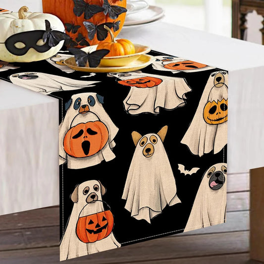 Ghost Dog Table Runner Halloween Lantern Pumpkin Bat Kitchen Dining Table Decoration Kitchen Dining Table Decor Washable