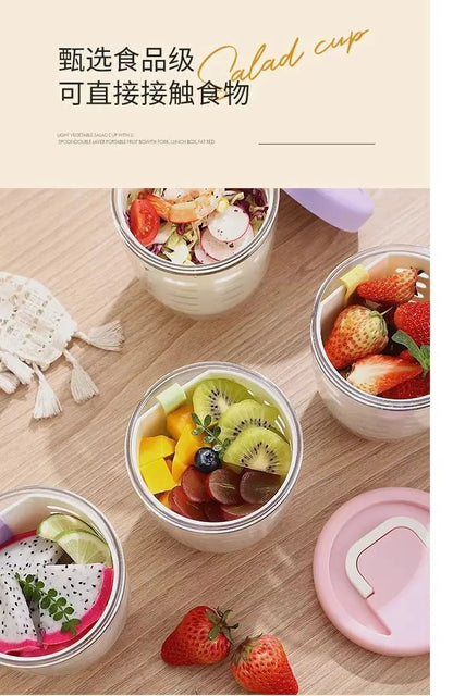 Salad Cup With Fork Cylindrical Plastic Fruit Cup Multifunctional Drainage Function Salad Container, Portable Lunch Box
