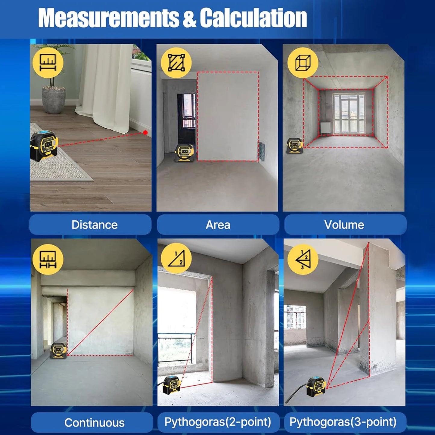 Laser Tape Measure Meter Building Measurement Device 3in1 Laser Rangefinder 5M Tape 60M Laser Measure with LCD Digital display