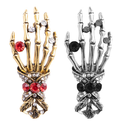 Skull Palm Inlaid Rhinestone Brooch for Men Gothic Fashion Retro Brooches Pin Halloween Day Jewelry Party Boyfriends Gift