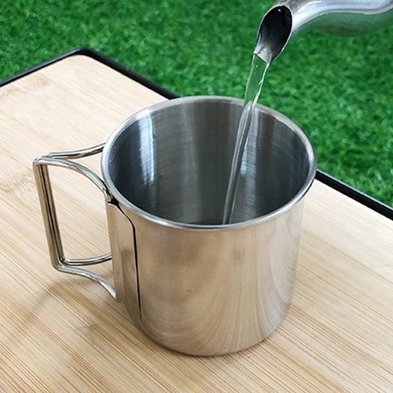 Stainless Steel Camping Cup 250/350/500ml Portable Carabiner Cups Outdoor Water Cup Mug With Foldable Handle Kitchen Drinkware