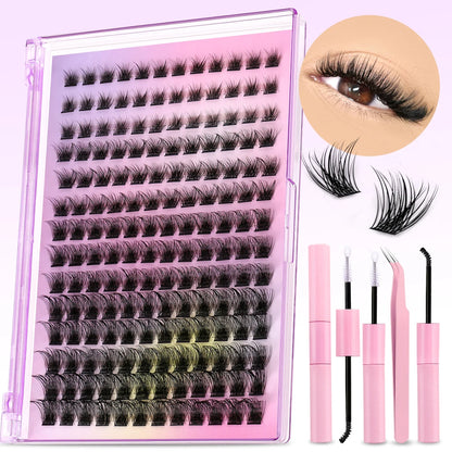 GROINNEYA DIY Lash Extension Kit Volume Lash Clusters Individual Lashes Thick Eyelash Extension Lash Bond & Seal & Lash Tweezers