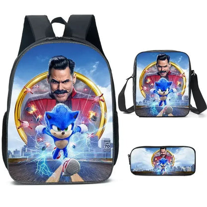 HOT 3PC-SET Sonic Backpack Primary and Secondary School School Bags  Anime Cartoon School Bags Best Gifts for Kids Mochila
