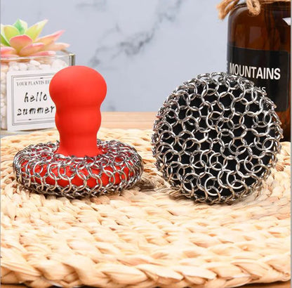 Chainmail Scrubber with Silicone Handle Cast Iron Cleaner for Cast Iron Grill Pan Skillet Wok Bakeware Cast Iron Scrubber