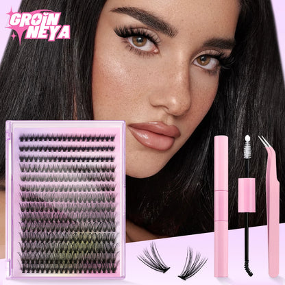 GROINNEYA DIY Lash Extension Kit Volume Lash Clusters Individual Lashes Thick Eyelash Extension Lash Bond & Seal & Lash Tweezers