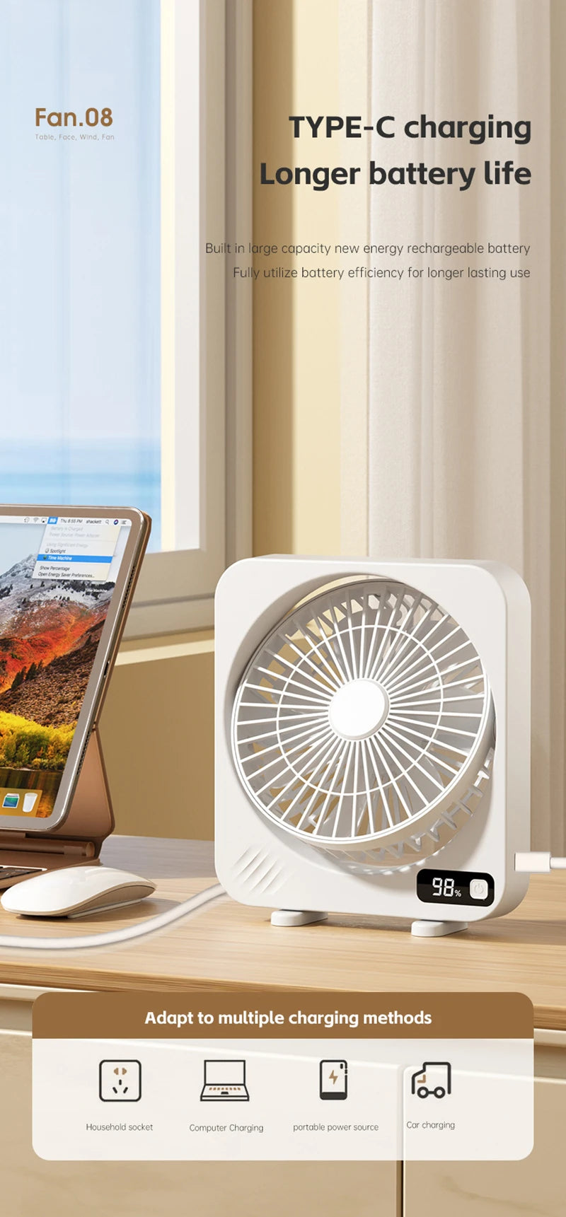 Electric Fan Portable Usb Charging Cycle Electric Fan Table Fan Digital Display 5-speed Desktop Small Fan Office Camping