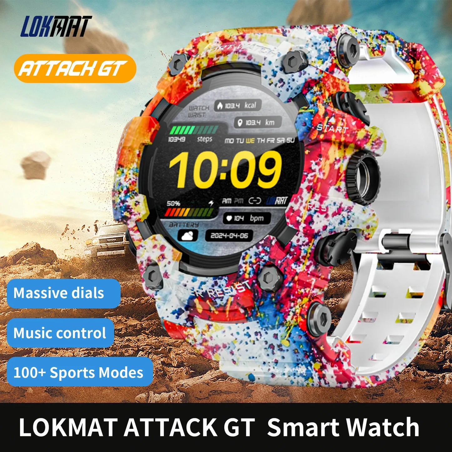 LOKMAT Rugged Sport Smart Watch ATTACK-GT Bluetooth Calls Colorful Waterproof Military Smartwatches with Flashlight for Phone