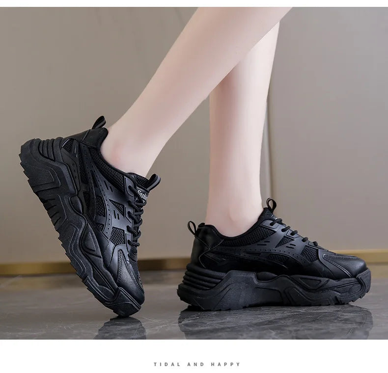 Black Daddy Thick Sole Sneakers Casual Vulcanized Shoes Women High Platform Sneakers Lace Up White Sneakers Women