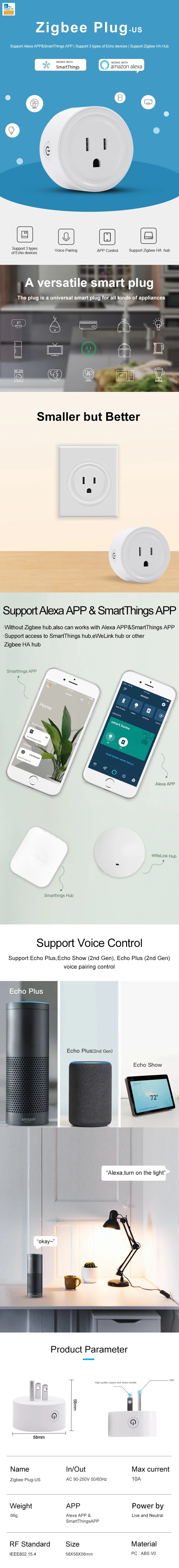 Zigbee3.0 Wireless Remote Control US Smart Plug Support Alexa Smartthing APP