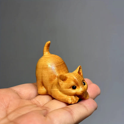 Adorable Hand-carved Wooden Kitten Ornament - Handmade Artisan Charm for Desktop Decor, Heartwarming Tea Pet Pendant