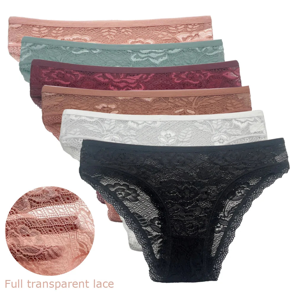 5 PCS/Set Sexy Ladies Transparent Lace Lingerie Panties Woman Cotton Crotch Solid Color Briefs Underwear