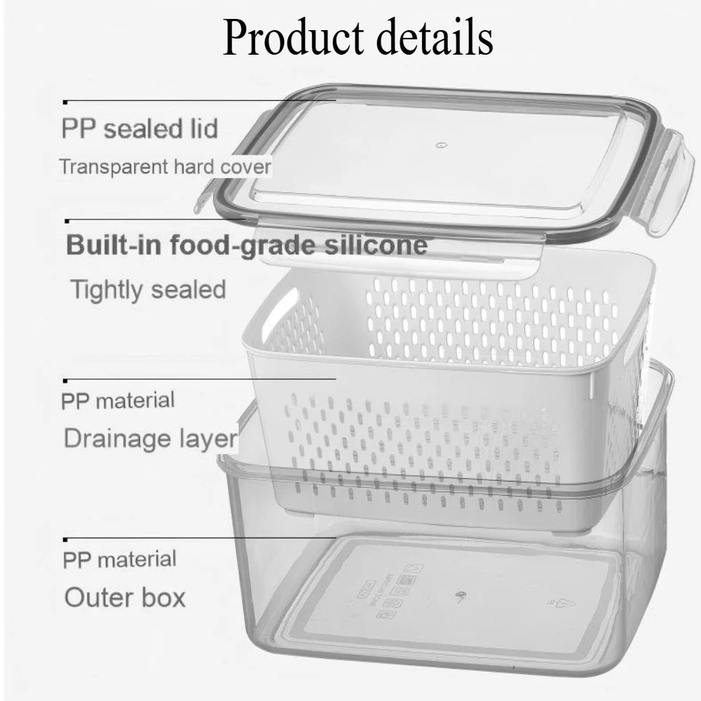 1- 3Pcs Refrigerator Organizer Boxes Fresh Fruit & Vegetable Keep - Fresh Containers with Draining Baskets Kitchen Storage Box