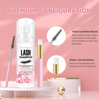 Lash Shampoo for Eyelash 100ML + Brush & Mascara Wand Eyelid Foaming Cleansing, Extension Cleanser Remover,Makeup Remover