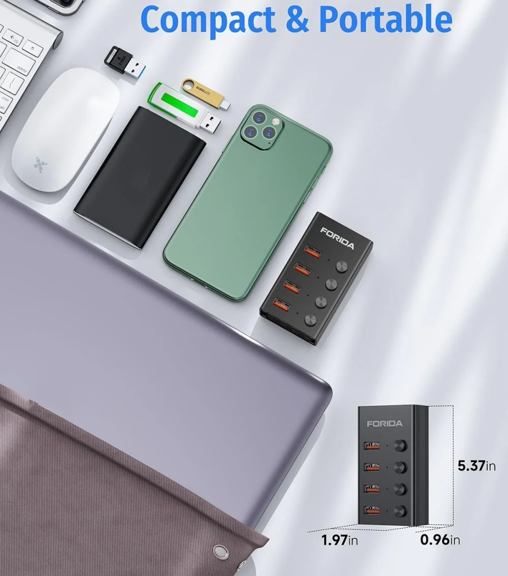 FORIDA USB C Hub 3.2 10Gbps 4/7 Port Aluminium Alloy Docking Stations Splitter LED Switches Adapter for MacBook Laptop Phone