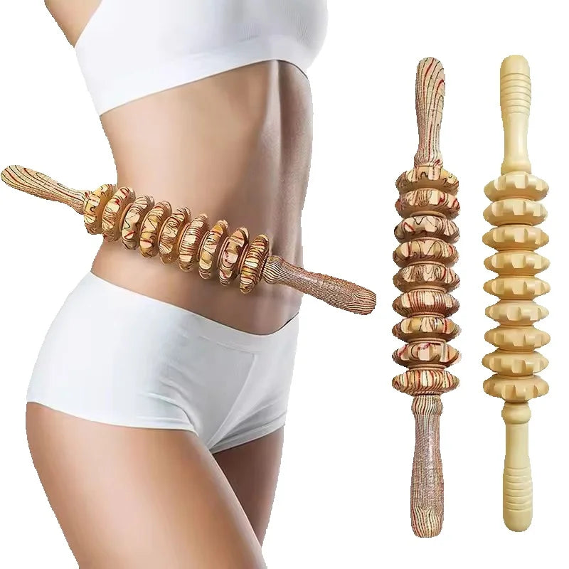 9 Rollers Curved Massager Handheld Stick Wooden Lymphatic Drainage Massage Tools for Anti-cellulit, Body Muscle Pain Relief