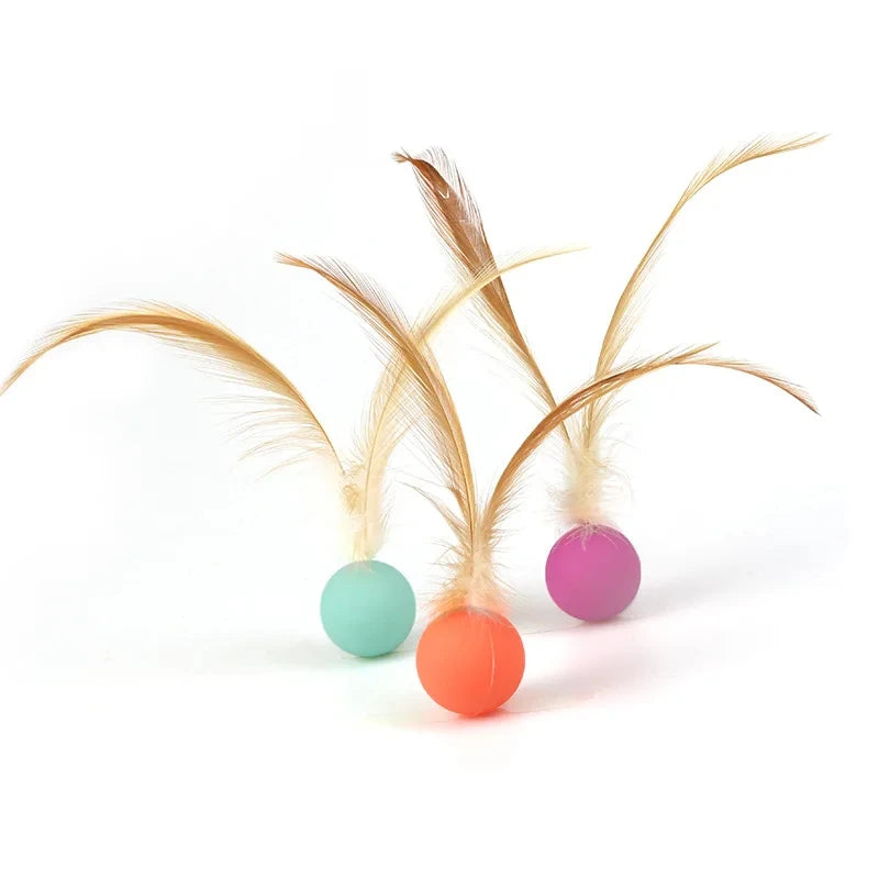 Cat Interactive Ball Toys Interactive Bouncy Ball with Feathers Cat Toys for Indoor Cats and Kittens Pet Elastic Ball