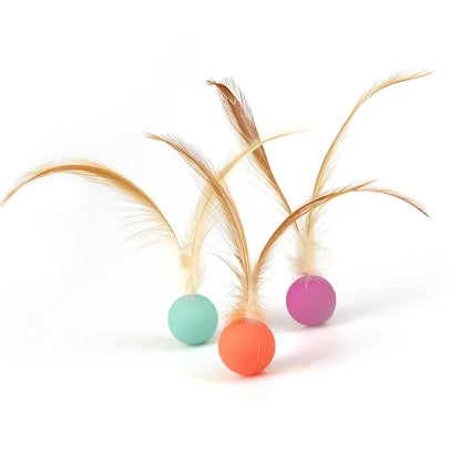Cat Interactive Ball Toys Interactive Bouncy Ball with Feathers Cat Toys for Indoor Cats and Kittens Pet Elastic Ball