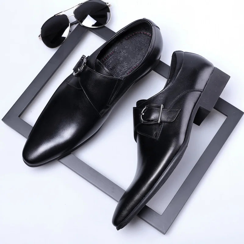 Men's Pointed Toe Business Leather Shoes Comfortable Wear Shoes Metal Buckle Men's Shoes Dress Shoes Men Wedding Shoes Sz 39-48