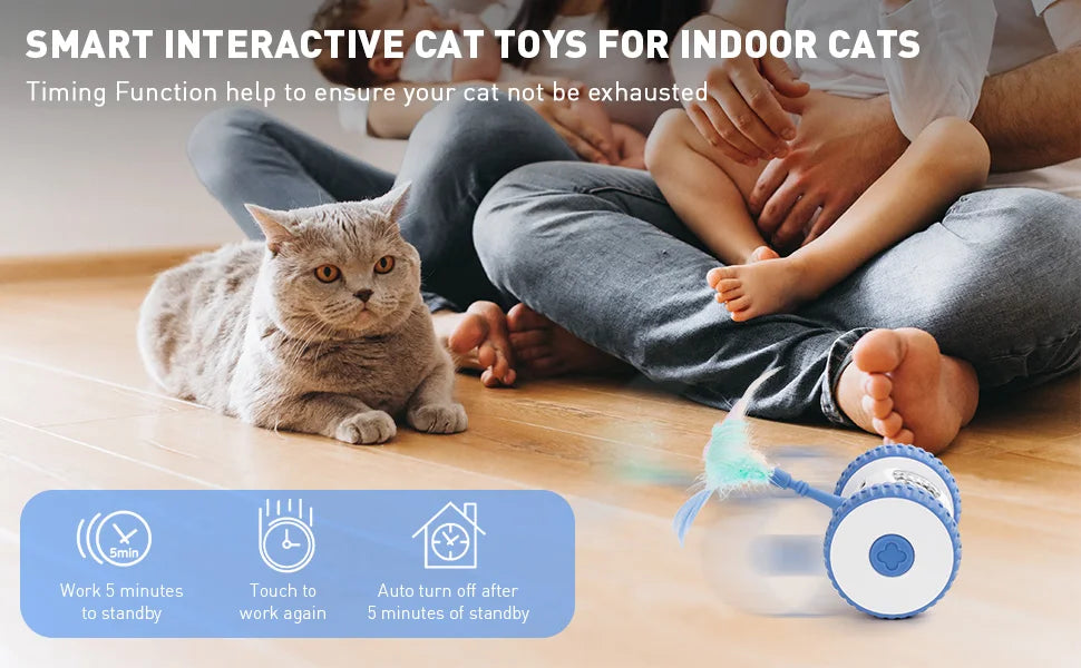 Interactive Cat Toys, Smart Sensing Automatic Cat Toy with Color Light and Feathers Wand, USB Rechargeable Cat Toys for Indoor