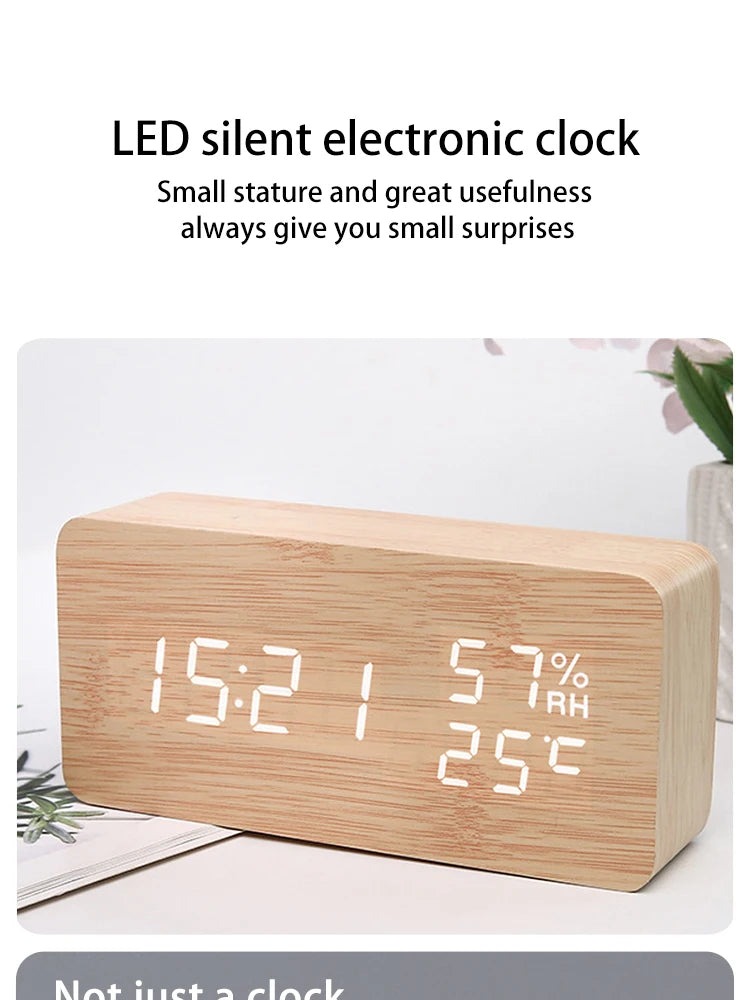 Digital LED Wooden Alarm Clock, Desk Clock, Voice Activated, Electronic Desktop Clock, Luminous Silent Alarm Clock