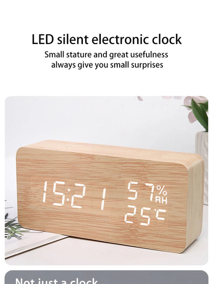 Digital LED Wooden Alarm Clock, Desk Clock, Voice Activated, Electronic Desktop Clock, Luminous Silent Alarm Clock