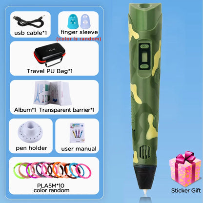3D Printing Pen 9/50/100/200M PLA Filament LED Display With PU Case DIY Drawing Pens Stimulate Creativity Kids Toys 3D Pen