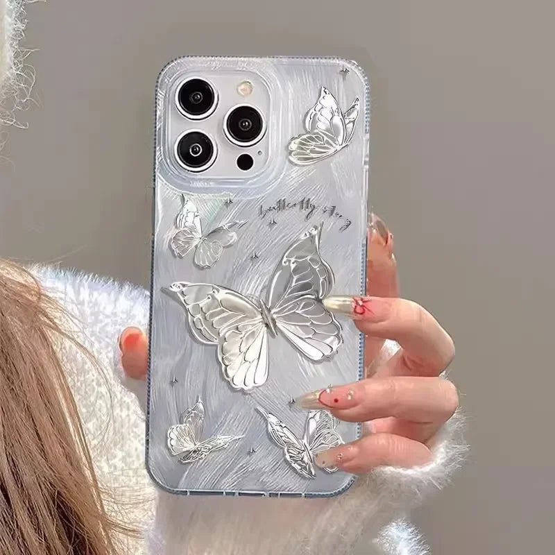 Luxury Laser Silver Butterfly Phone Case for iPhone 15 Pro Max 14 13 12 11 XS XR X 7 8 Plus SE 2020 2022 SE2 SE3 Silicone Cover