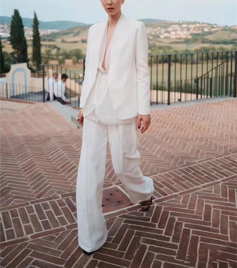 Women's Clothing 2 Piece Set White Suit Coat +High Waisted Wide Leg Pants Elegant  Suit Spring/Summer new