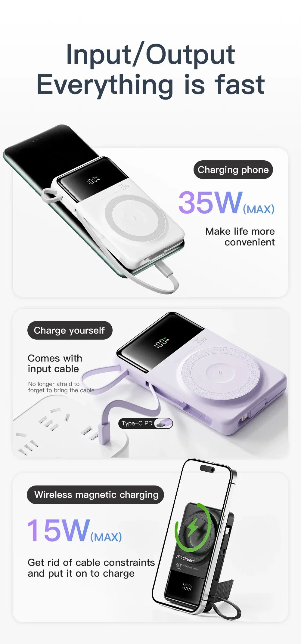 New Portable Built in Cables Magnetic Wireless Power Bank PD35W Fast Charging 20000mAh Large Capacity Powerbank for iPhone 16 15