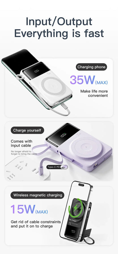 New Portable Built in Cables Magnetic Wireless Power Bank PD35W Fast Charging 20000mAh Large Capacity Powerbank for iPhone 16 15