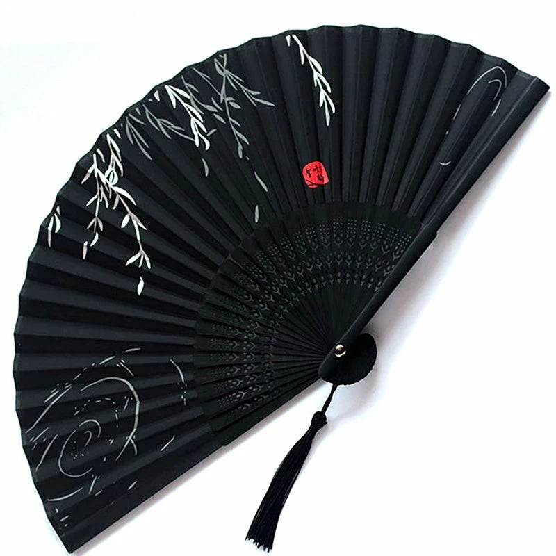 Bamboo Folding Fan Silk Chinese Fan Hand Women Black Fan Summer Female Dance Home Decoration Party Gift Home Ornament Fan Black