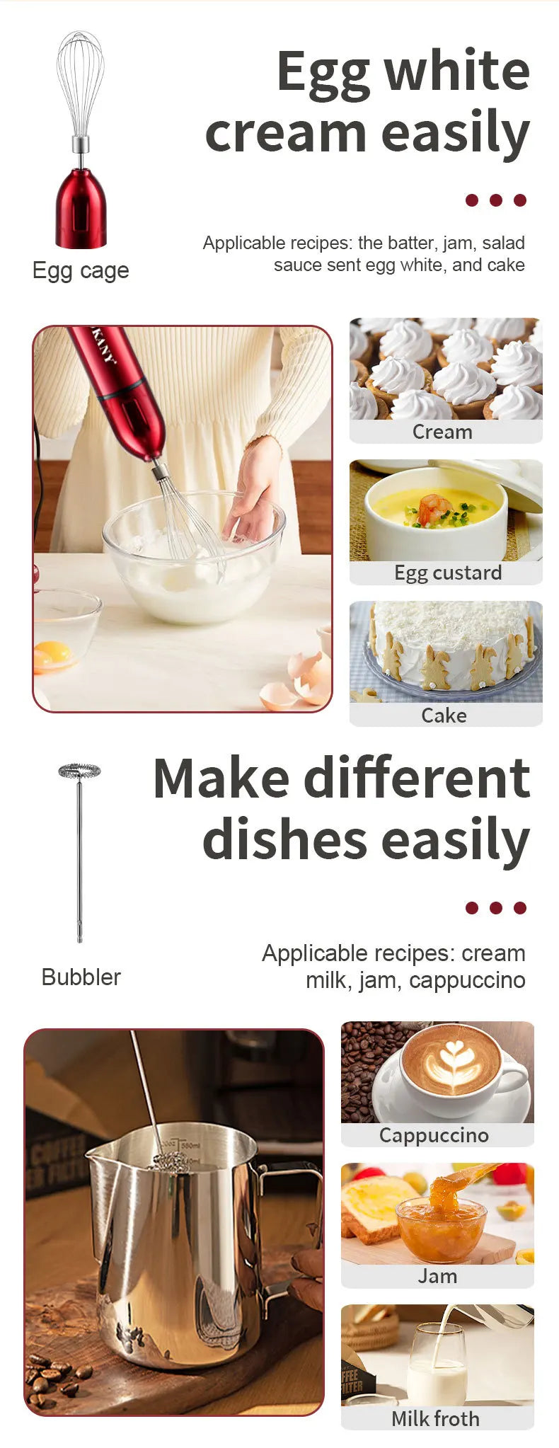 Electric Immersion Blender Hand Blender with Whisk 5 in 1 600W,304 Stainless Steel Ice Crush Blade with Whisk, Milk Frother