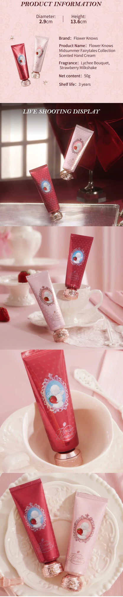 Flower Knows Strawberry Cupid Scented Hand Cream Moisturising & Nourishing Skin Care Lotions For Women Whitening Cream 50ml